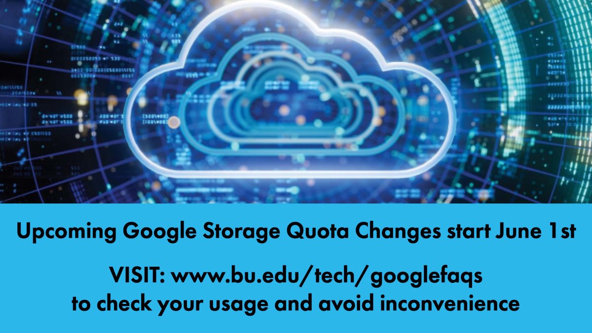 buithelp's tweet photo. 🚨HEADS UP🚨 The new BU Google Storage quota limits go into effect on Saturday June 1, 2024. Now is the time to review your storage and ensure you’re within the new limits. For details visit https://t.co/busoP35yAz
#BUGoogleStorage #GoogleStorage #NewQuotas #BUITHelp https://t.co/rYAiA7rvXf
