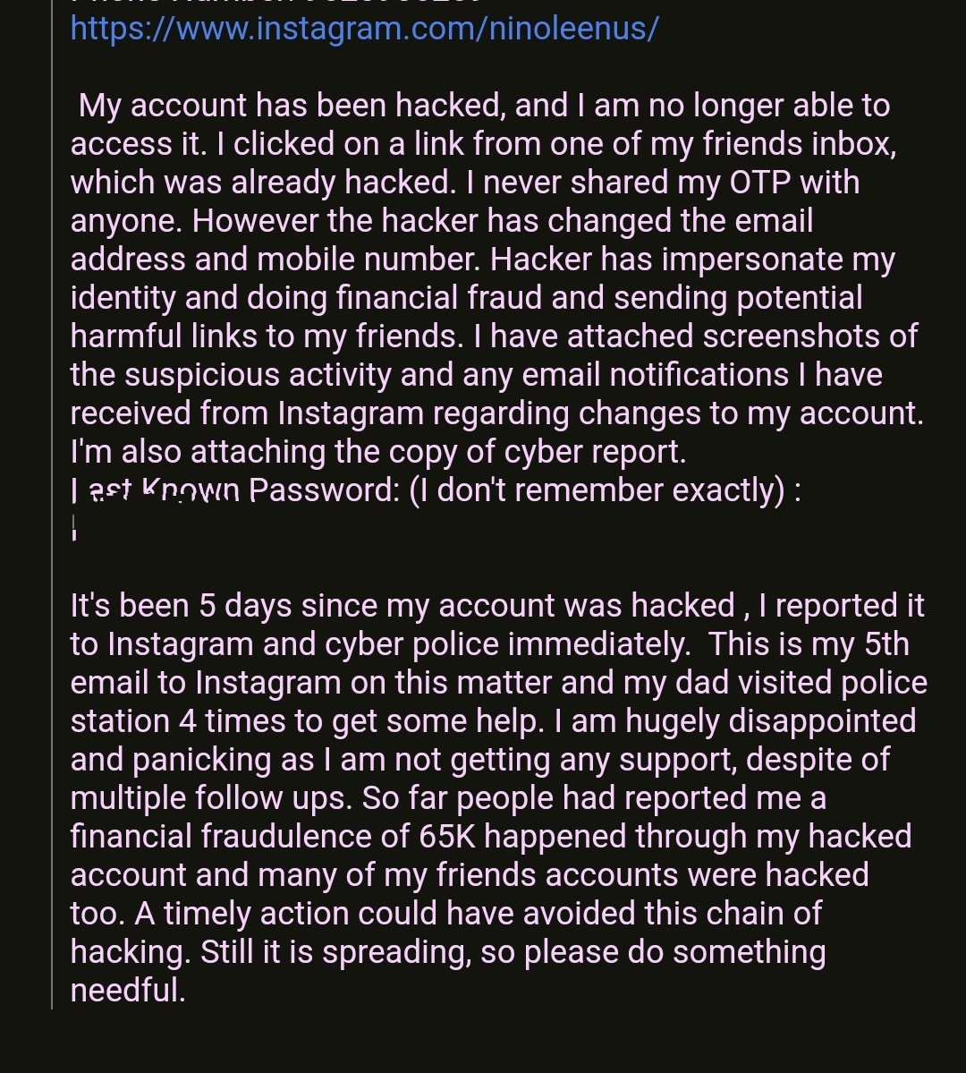 NINOleenus's tweet photo. As evidence of how inadequate the @Meta security is, my @instagram has been hacked and is being misused for more than a week.Despite numerous reports and follow-ups, Instagram support did nothing.I can't get my acct back by the instructions on website
@mosseri @finkd @metaindia https://t.co/yBorhUAKJ5