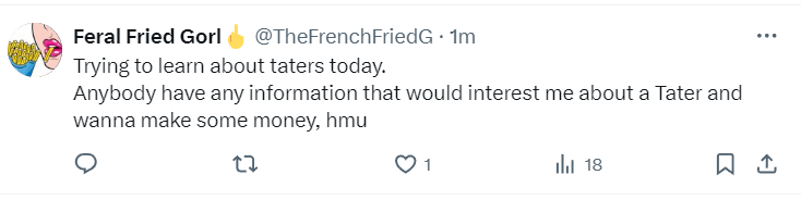HaydurTater's tweet photo. Look at FFG coming full circle and turning into Negz, offering people money to get information about me. Remember when he offered people money for her dox? Looks like FFG's playing the same games. 

Is FFG attic ajacent? Nope, she's an attic clone. https://t.co/KY3JXLB7Hd