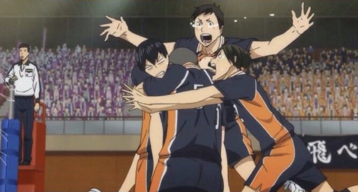 dailyTSKYM's tweet photo. everyone else always goes in for the group hug but Yamaguchi always goes for Tsukki😭 https://t.co/eUCRBL6dqi