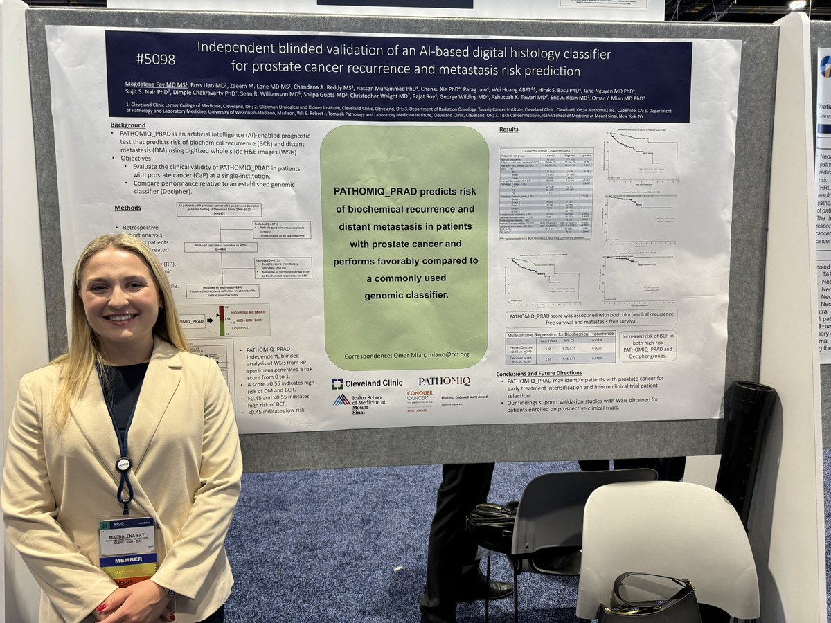 Omar Mian (@dromarmian) on Twitter photo AI digital histology for prostate cancer recurrence and metastasis prediction.
🥇<a href="/ASCO/">ASCO</a> <a href="/ConquerCancerFd/">Conquer Cancer, the ASCO Foundation</a>🥇
Outstanding work by recent MD grad <a href="/MagdaFayMD/">Magdalena Fay, MD MS</a> @CleClinicLCM <a href="/mghmedres/">MGH IM Residents</a> and <a href="/RossLiao/">Ross Liao, MD</a> <a href="/zaeemlone_/">Zaeem Lone</a> <a href="/CleClinicUroRes/">Cleveland Clinic Urology Residency Program</a>
<a href="/shilpaonc/">Shilpa Gupta</a> <a href="/cjweight/">Chris Weight</a> <a href="/EricKleinMD/">Eric Klein</a> <a href="/JaneNguyen44/">Jane K Nguyen MD PhD</a> #ASCO24 AI digital histology for prostate cancer recurrence and metastasis prediction.
🥇<a href="/ASCO/">ASCO</a> <a href="/ConquerCancerFd/">Conquer Cancer, the ASCO Foundation</a>🥇
Outstanding work by recent MD grad <a href="/MagdaFayMD/">Magdalena Fay, MD MS</a> @CleClinicLCM <a href="/mghmedres/">MGH IM Residents</a> and <a href="/RossLiao/">Ross Liao, MD</a> <a href="/zaeemlone_/">Zaeem Lone</a> <a href="/CleClinicUroRes/">Cleveland Clinic Urology Residency Program</a>
<a href="/shilpaonc/">Shilpa Gupta</a> <a href="/cjweight/">Chris Weight</a> <a href="/EricKleinMD/">Eric Klein</a> <a href="/JaneNguyen44/">Jane K Nguyen MD PhD</a> #ASCO24