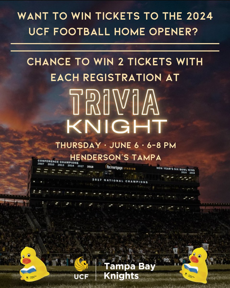 Not the best at Trivia, but still want to win? Not only do you get a free duck with your $20 registration donation, but you’re also entered to win 2 tickets (section 108 row 2) to the first game of the football season!  ⚡️🔛 (plus the free 🍕 &amp; drink specials) 
Link in bio!