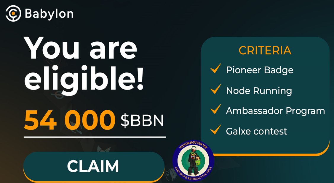 VictorNguyen10X (@victornguyen10x) on Twitter photo #Airdrops 198
   Free Testnet Airdrop từ BABYLON - Raise 96 Triệu U
<a href="/babylon_chain/">BabylonChain</a> là một Bitcoin Staking Protocol do Giáo sư David Tse từ Đại học Stanford sáng lập.
Babylon vừa huy động thêm $70M dẫn đầu  bởi <a href="/paradigm/">Paradigm</a>.Tổng số tiền huy động hiện tại là $96M. #Airdrops 198
   Free Testnet Airdrop từ BABYLON - Raise 96 Triệu U
<a href="/babylon_chain/">BabylonChain</a> là một Bitcoin Staking Protocol do Giáo sư David Tse từ Đại học Stanford sáng lập.
Babylon vừa huy động thêm $70M dẫn đầu  bởi <a href="/paradigm/">Paradigm</a>.Tổng số tiền huy động hiện tại là $96M.