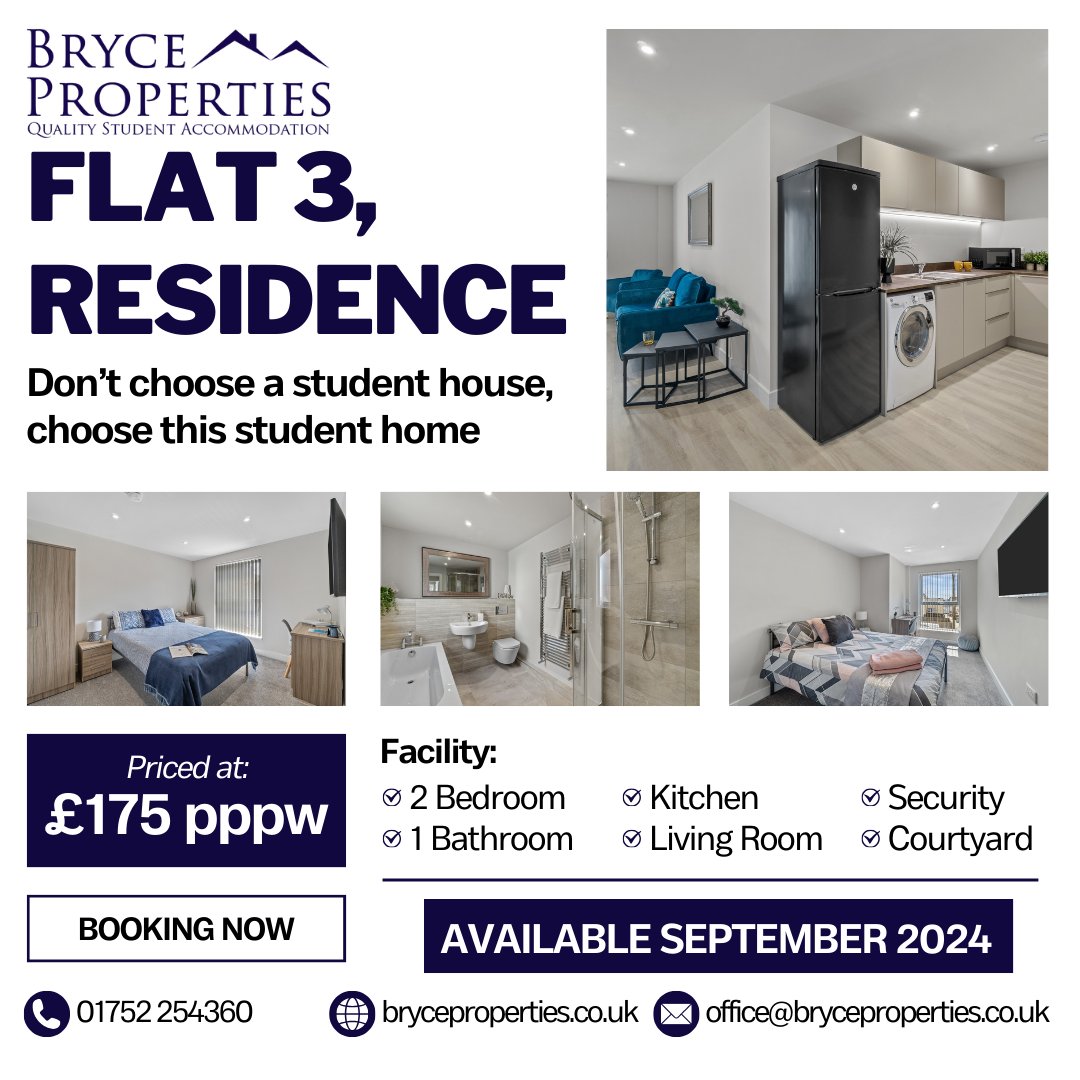 Bryce Properties, Flat 3 The Residence, is a high-end 2-bedroom apartment available for September 2024. It is situated on North Hill, opposite the University of Plymouth’s Reservoir. Contact them on 01752 254360 or by email at office@bryceproperties.co.uk today!