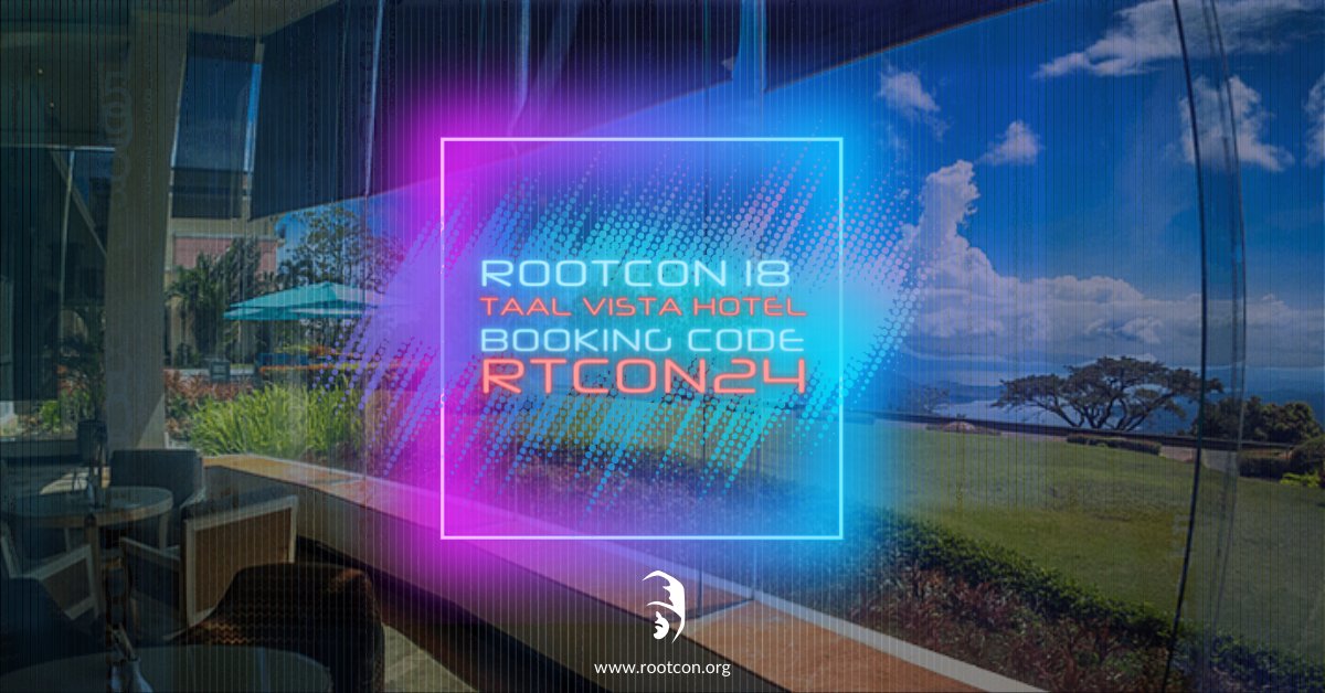 We have secured an exclusive hotel booking code for all ROOTCON 18 attendees.

Get up to 30% discount on hotel room rates!

USE Code: RTCON24

Stay Period: Sept. 23-30, 2024
Booking Period: May 30 – Sept. 16, 2024

Book via taalvistahotel.com