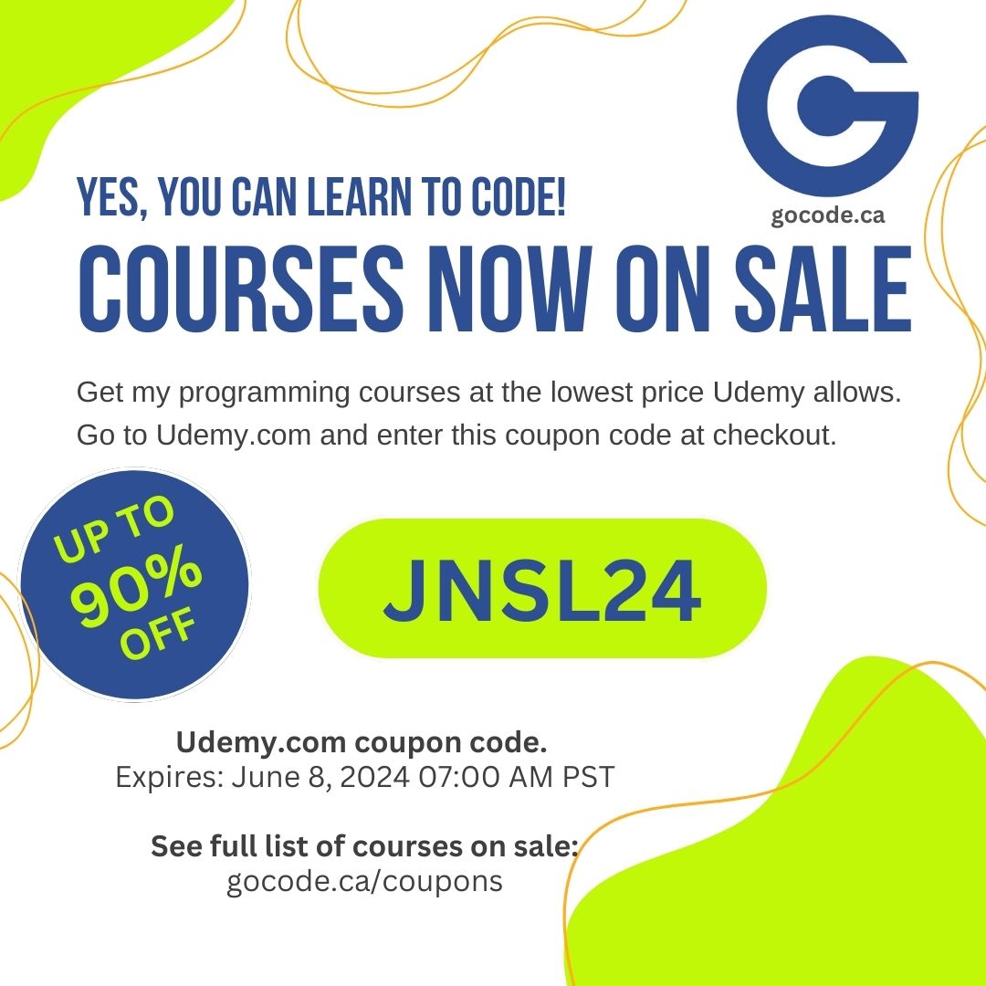 Get my courses at the BEST price. Coupon: JNSL24. Code expires: June 8, 2024 7:00 AM PDT. 

View all courses on sale at:
gocode.ca/coupons

#udemy #udemycoupon #udemy_coupon #go #golang #Vue #websockets #react #python #laravel #ubuntu #microservices #concurrency #Fyne