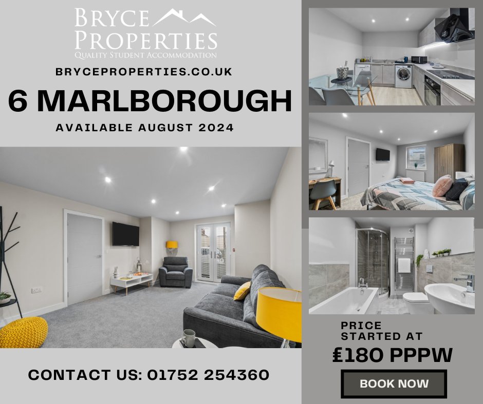 Bryce Properties, 6 Marlborough, is a high-end 2-bedroom apartment available for September 2024. It is situated on North Hill, opposite the University of Plymouth’s Reservoir. 
Contact them on 01752 254360 or by email at office@bryceproperties.co.uk today!