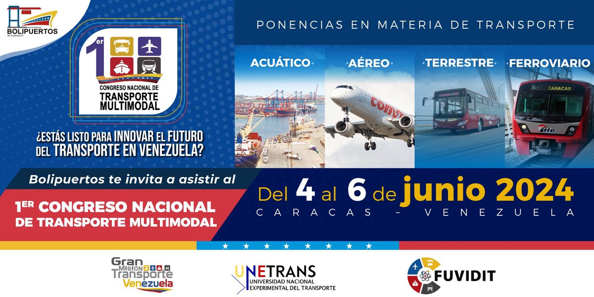 🇻🇪¿Estás listo para innovar el futuro del transporte en Venezuela❓ 📢No te puedes perder del 4 al 6 de junio el gran primer Congreso Nacional de Transporte Multimodal ⏰A partir de las 9 AM podrás conocer los sectores del músculo que mueve al país Potencia🇻🇪🇻🇪 #LikePaNicolás