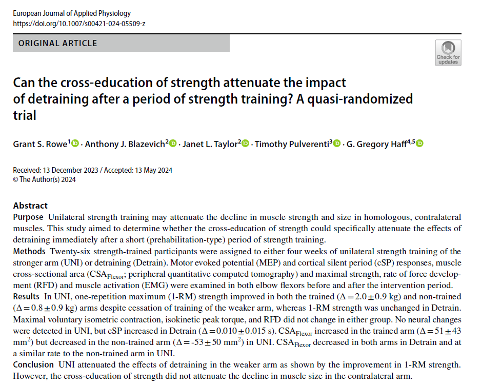 The nervous system is incredible.

After 4 weeks of elbow flexor training on both arms (3 sessions per week at 75% 1-RM), continuing to train only one arm (at 90% 1-RM) for the next 4 weeks:

- Further increased strength of the other (non-trained) elbow flexors by 7.2%

- But was