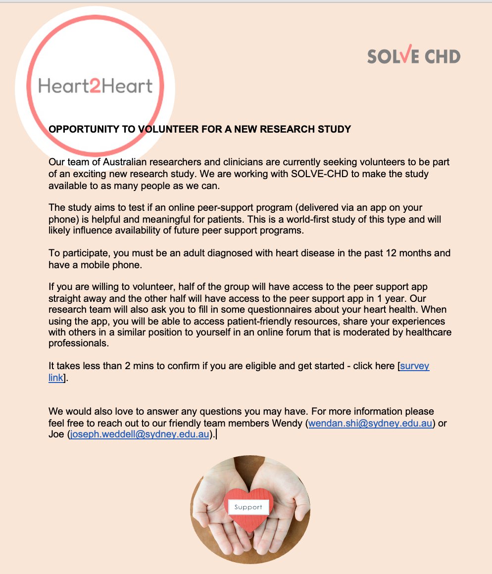 🚨#RCT alert! Join #Heart2Heart, #SOLVECHD #MRFF research project led by <a href="/JRedHeart/">Julie Redfern ♡</a> we're testing the effectiveness of a digital peer-support app for patients with #CHD. Participants get access to resources, moderated forums, &amp; more. Your voice matters!
check out👇for details!