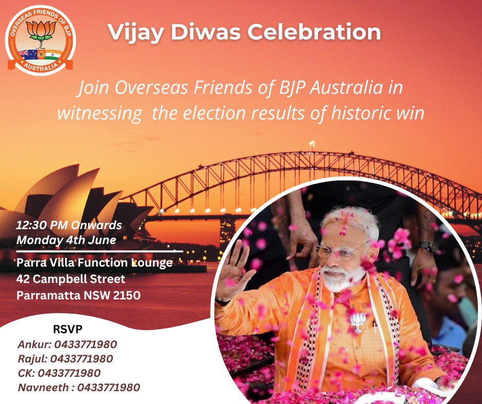 OFBJP Australia (@ofbjpaus) on Twitter photo Great enthusiasm amongst Aus-Ind diaspora for tomorrow’s results . Hundreds gathering in most major cities & some reg towns. Multiple family and friends gatherings at homes. Celebrations of biggest festival of democracy!!!! <a href="/narendramodi/">Narendra Modi</a> <a href="/OFBJPOfficial/">OFBJPOfficial</a> <a href="/vijai63/">Dr Vijay Chauthaiwale</a> Great enthusiasm amongst Aus-Ind diaspora for tomorrow’s results . Hundreds gathering in most major cities & some reg towns. Multiple family and friends gatherings at homes. Celebrations of biggest festival of democracy!!!! <a href="/narendramodi/">Narendra Modi</a> <a href="/OFBJPOfficial/">OFBJPOfficial</a> <a href="/vijai63/">Dr Vijay Chauthaiwale</a>