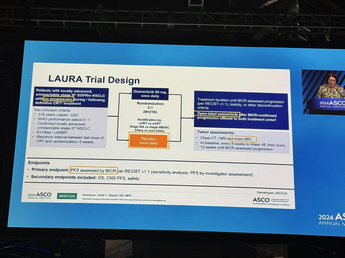 AlbaGarLop22's tweet photo. Practice changing! Osimertinib tras QT-RT en pacientes con NSCLC irresecable con mutación en EGFR en estadio III: LAURA trial #ASCO24 #ASCO24SEFH https://t.co/0vGcGvI2IR