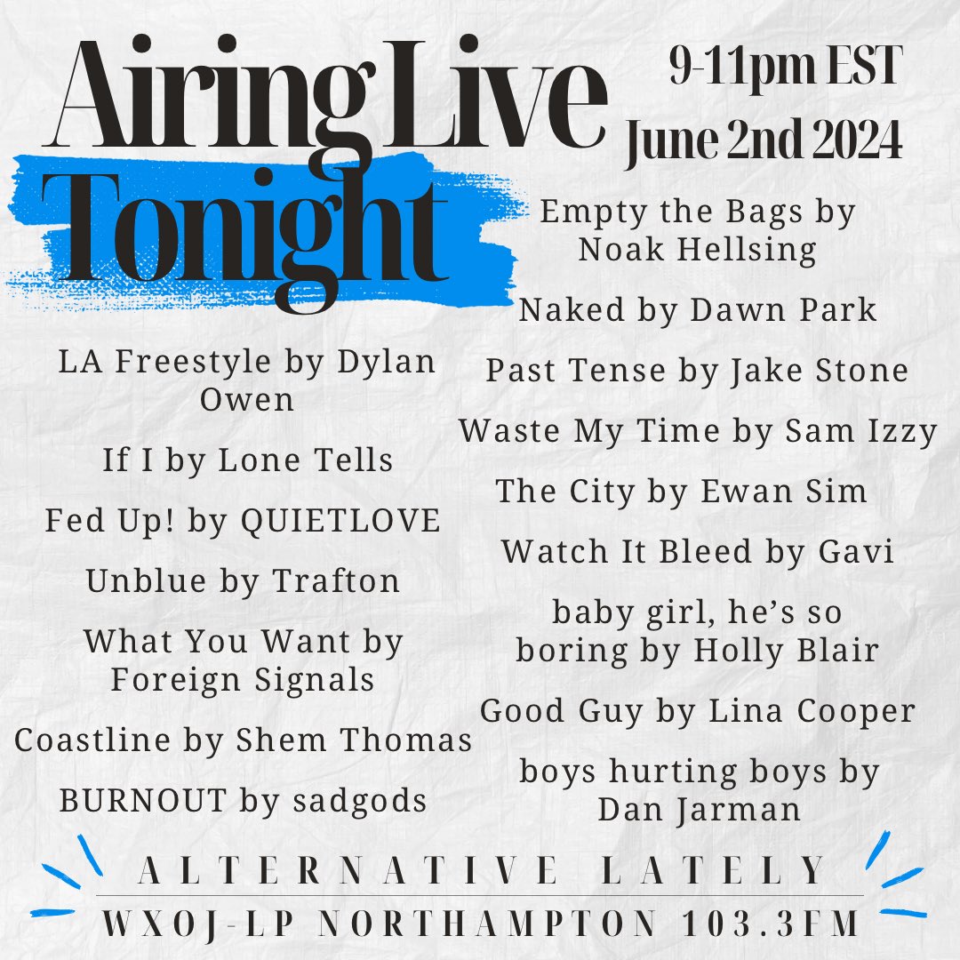 Alternative Lately 103.3FM (@alt_lately) on Twitter photo Tonight on Alternative Lately, we are so excited to be airing these tracks by <a href="/dylanowenmusic/">Dylan Owen</a> <a href="/lonetells/">Lone Tells</a> <a href="/iamquietlove/">QUIETLOVE</a> <a href="/ShemThomasMusic/">SHEM THOMAS</a> <a href="/EwanSim_/">EWAN SIM</a> <a href="/NoakHellsing/">Noak Hellsing</a> and many more!
Tune in from 9-11pmEST on WXOJ-LP 103.3FM, or stream at valleyfreeradio.org/listen Tonight on Alternative Lately, we are so excited to be airing these tracks by <a href="/dylanowenmusic/">Dylan Owen</a> <a href="/lonetells/">Lone Tells</a> <a href="/iamquietlove/">QUIETLOVE</a> <a href="/ShemThomasMusic/">SHEM THOMAS</a> <a href="/EwanSim_/">EWAN SIM</a> <a href="/NoakHellsing/">Noak Hellsing</a> and many more!
Tune in from 9-11pmEST on WXOJ-LP 103.3FM, or stream at valleyfreeradio.org/listen