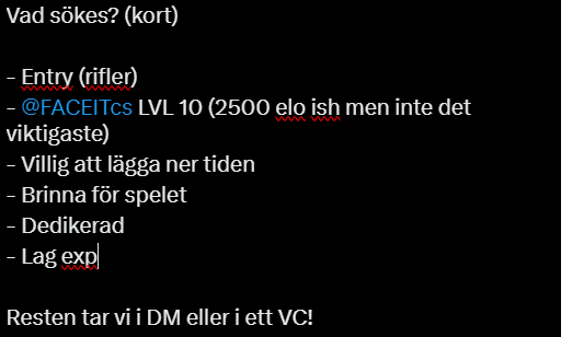 Eldsjälar (@eld_sjalar) on Twitter photo Med föregående post förstår ni säkert att vi i <a href="/Eld_Sjalar/">Eldsjälar</a> återigen söker en ny spelare! Denna gången en rifler.
Tveka inte på att söka oavsett om du inte uppfyller kraven nedan. Skriv till <a href="/CSs1m0n/">Simon "s1m0n" Aakeröy</a> eller DC: s1m0nnn.
#RT uppskattas starkt, tipsa gärna om spelare också! ❤️🔥👀 Med föregående post förstår ni säkert att vi i <a href="/Eld_Sjalar/">Eldsjälar</a> återigen söker en ny spelare! Denna gången en rifler.
Tveka inte på att söka oavsett om du inte uppfyller kraven nedan. Skriv till <a href="/CSs1m0n/">Simon "s1m0n" Aakeröy</a> eller DC: s1m0nnn.
#RT uppskattas starkt, tipsa gärna om spelare också! ❤️🔥👀