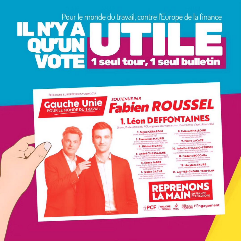OrvaultPcf's tweet image. 🇪🇺 J-7️⃣

Le 9 juin, pour le Monde du Travail, contre l'#Europe de la finance, il n'y a qu'un seul vote utile, le vote de conviction!✊

1️⃣seul tour,1️⃣seul bulletin, celui de la #GaucheUnie!

#loireatlantique #nantes #Orvault #Européennes2024 #AvecLéon #ReprenonsLaMain #JeVoteLéon