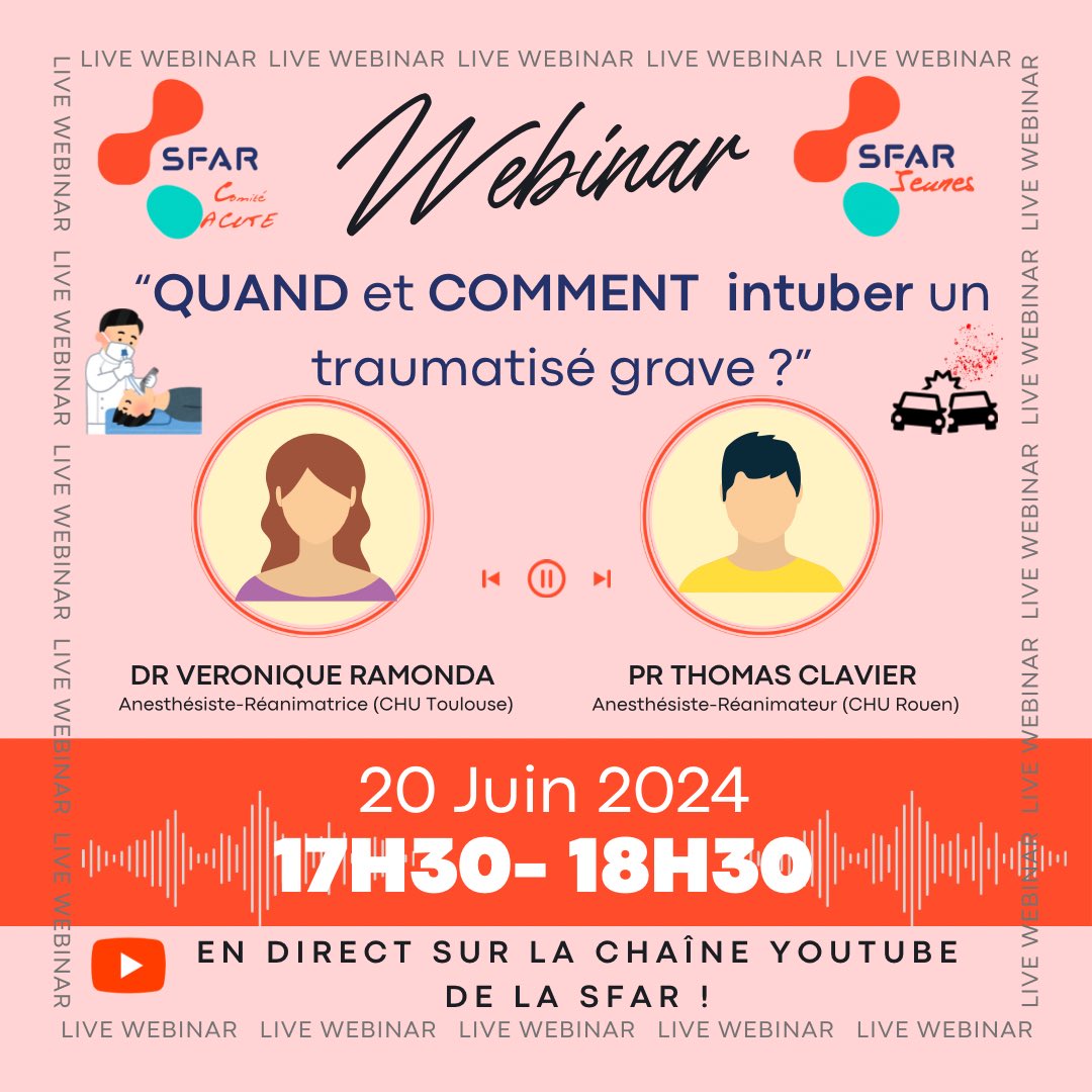 Le webinaire en collaboration avec le comité ACUTE revient pour une nouvelle session ! 
Rendez vous le 20 Juin pour discuter intubation 🤩
<a href="/SFAR_ORG/">SFAR Anesthésie Réanimation</a> <a href="/AJARFrance/">AJAR France 🇫🇷</a> <a href="/POpARToulouse/">POpART</a> <a href="/RARRE35/">RARRE</a> <a href="/cnear_fr/">CNEAR Anesthésie Réanimation</a> <a href="/ajar_toulouse/">AJAR Toulouse 🏉</a> <a href="/AjarRouen/">AJAR Rouen 🦁</a>