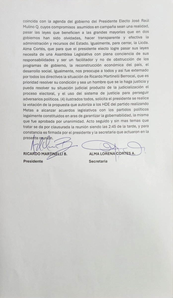 El Partido Realizando Metas RM aprobó autorizar a la bancada de diputados electos para alcanzar acuerdos  legislativas con los partidos políticos legalmente constituidos, en harás a lograr la gobernabilidad del Presidente electo José Raúl Mulino <a href="/somosrmpa/">Realizando Metas</a>