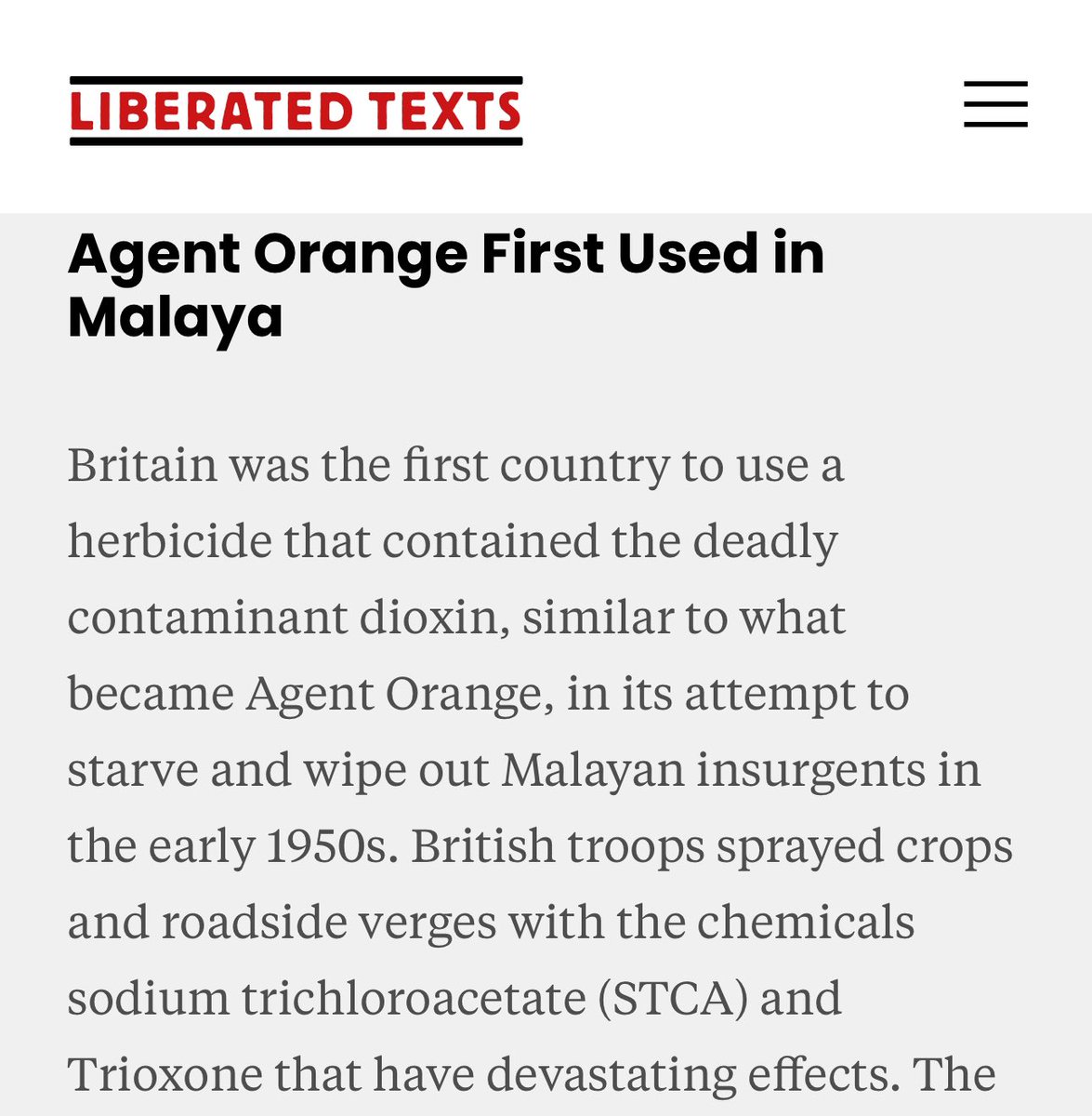 'It (British) spent approximately $1.4 million in January 1952 to purchase another 250 tonnes of STCA and 10,500 gallons of Trioxone which were to be used in 'large-scale roadside spraying in Malaya.' rb.gy/s9183w