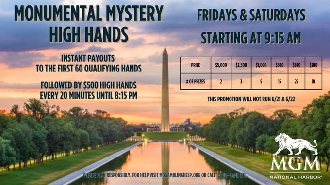 _ChrisMcCall_'s tweet image. June is setting up to a #Monumental one @MGMNH_Poker!

Our #MonumentMystery High hands continue beginning at 9:15a every Friday &amp;amp; Saturday**!

#CakesClassic June 5th!
$200k Guaranteed #Multiday June 18th-23rd!

Be sure to join us in June and make your summer #Monumental!