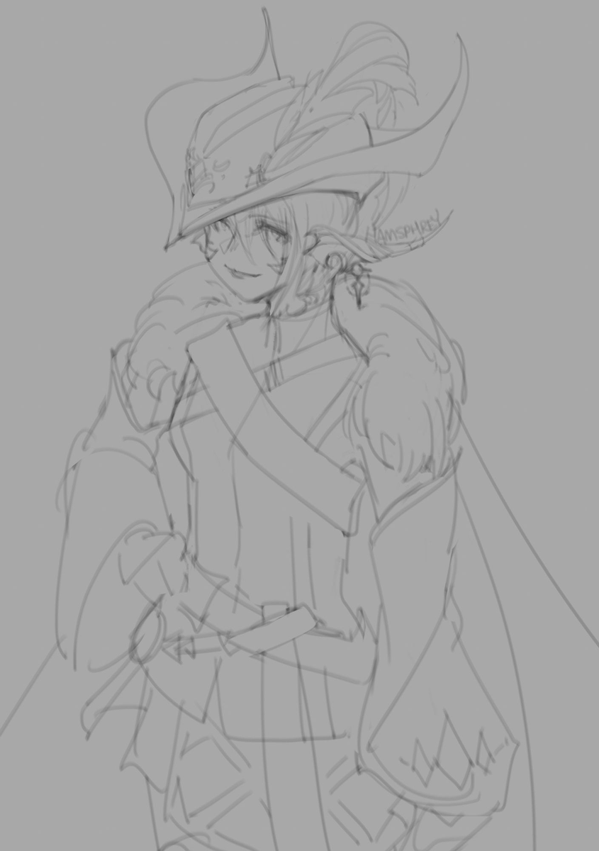 Hamsphrey's tweet photo. personal wip from last night/this morning from while i was trying to stay awake 
i was thinking about that time i drew miqo cirra in that cool hat and went "i should do an updated painting" but i kinda like these lines......... never ending dilemma https://t.co/msa65cZmx2