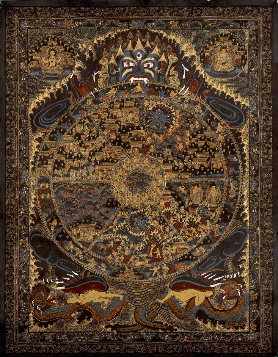 Hand-painted Buddhist Wheel of Life Thangka painting.

Incredible scan quality.