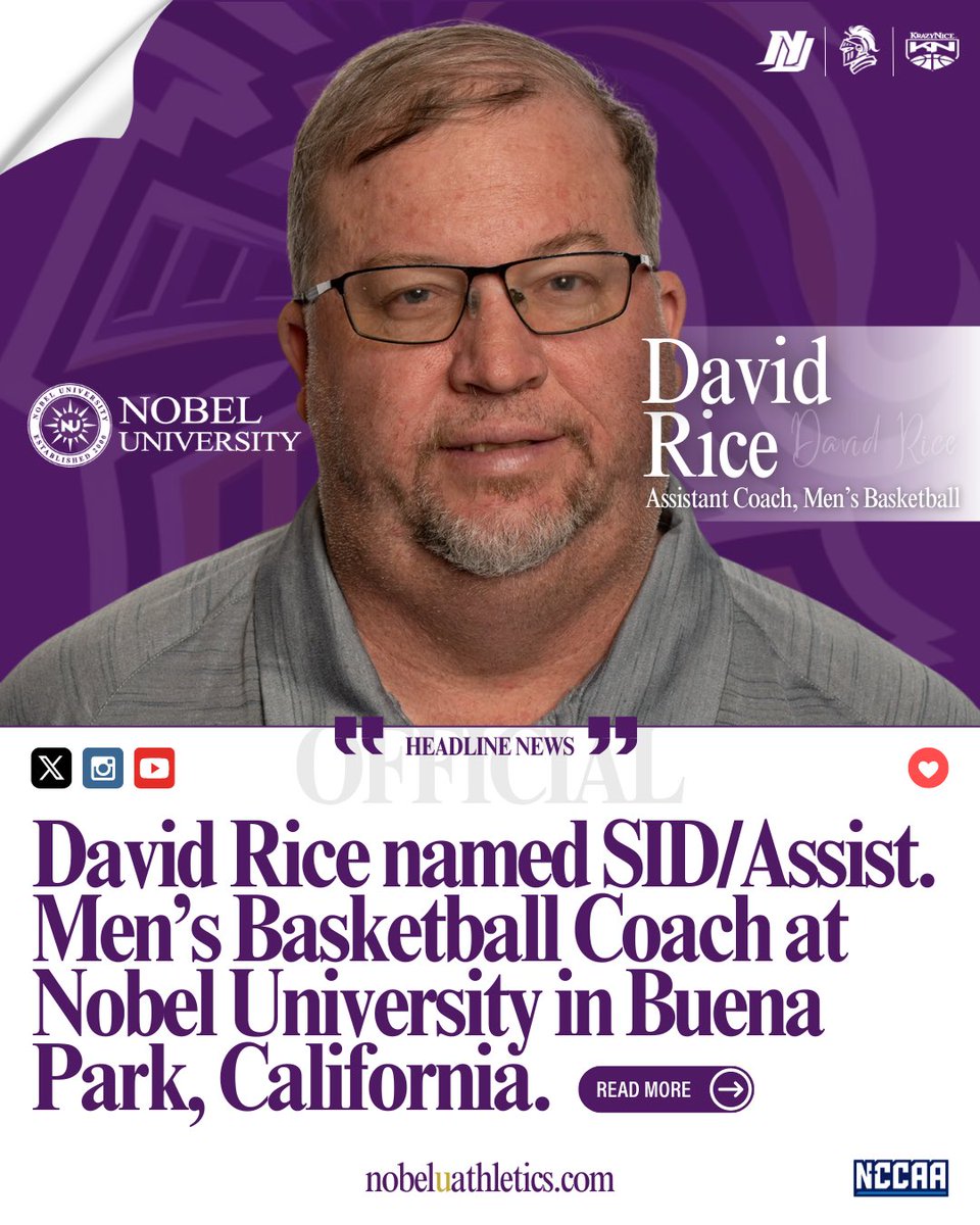 🎙️𝑶𝑭𝑭𝑰𝑪𝑰𝑨𝑳: David Rice named Sports Information Director and Assistant Men’s Basketball Coach.

🗞️ Learn more at NobelUAthletics.com
🔗 Link in Bio

#SwordsUp⚔️