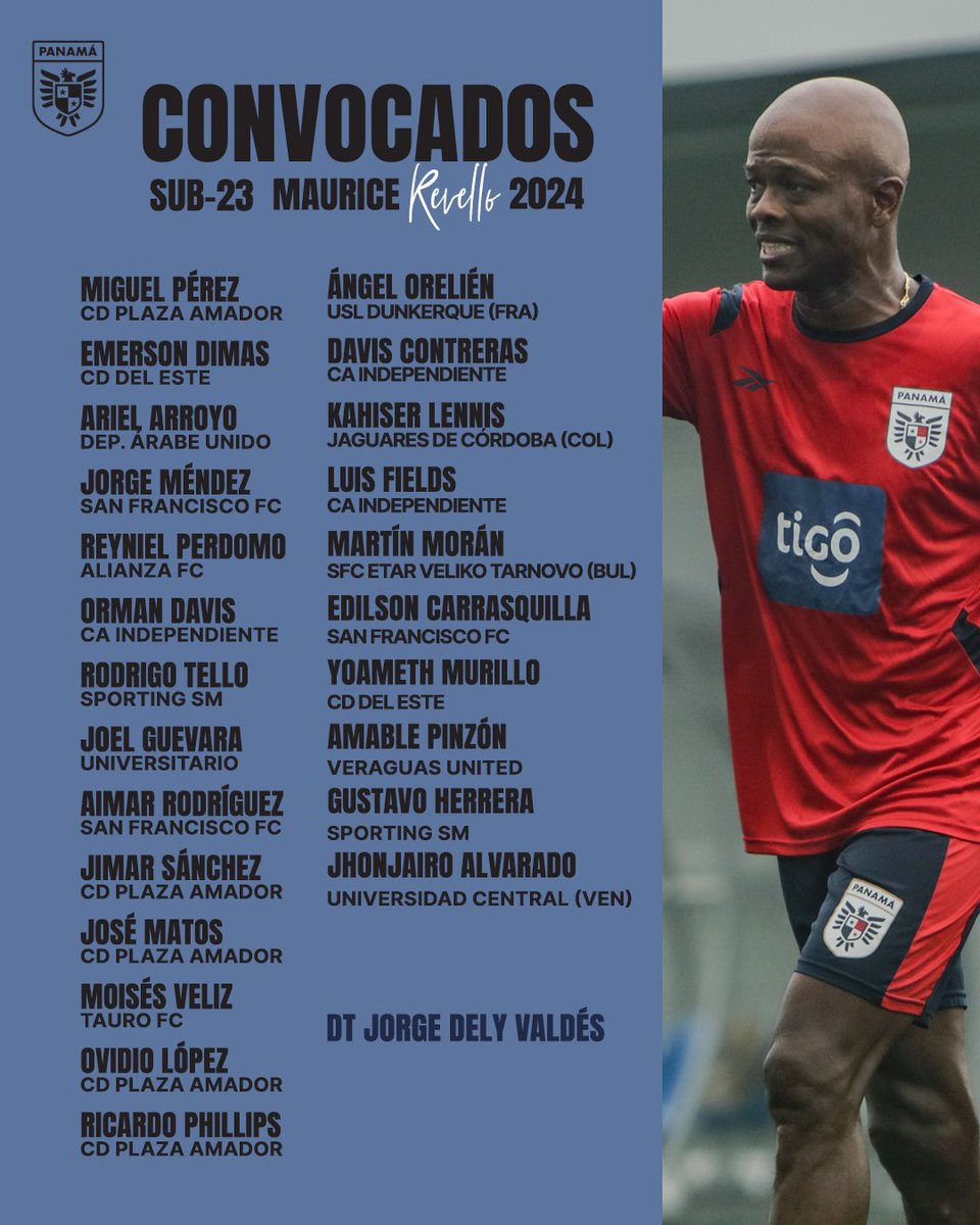 ¡CONVOCATORIA COMPLETA PARA EL MAURICE REVELLO!

Estos son los jugadores de #PanamáSub23🇵🇦 que el el DT, Jorge Dely Valdés, ha convocado para disputar el <a href="/TournoiMRevello/">Tournoi Maurice Revello</a> en Francia. 

¡Éxitos en el torneo, Panamá!

#TodosyTodasSomosPanamá🇵🇦