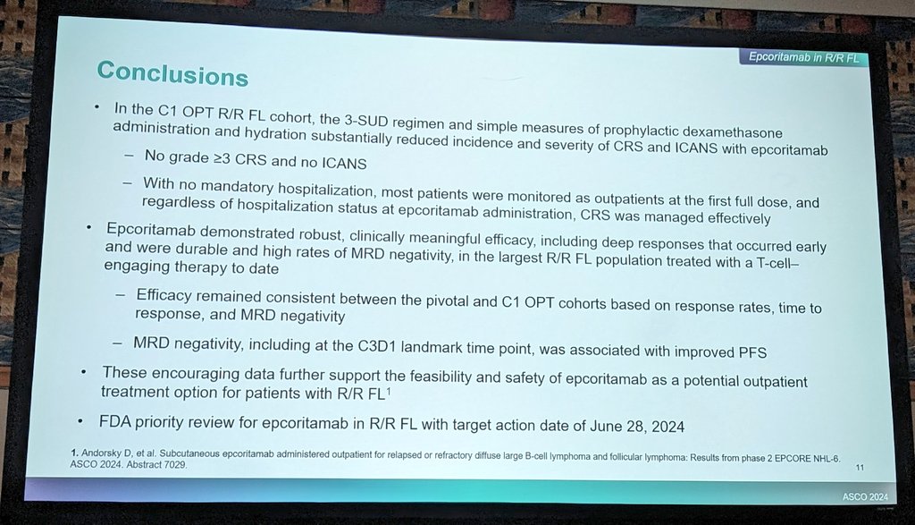 majorajay's tweet photo. Epcoritamab outpatient optimization @DrJulieVose #ASCO24:
- 3 step-ups dosing + prophy dex and fluids; no hospitalization!
- no ICANS with this strategy &amp; much less CRS
Looks like not that far away from outpatient epco for R/R FL. #lymsm https://t.co/RqDLld2t8s