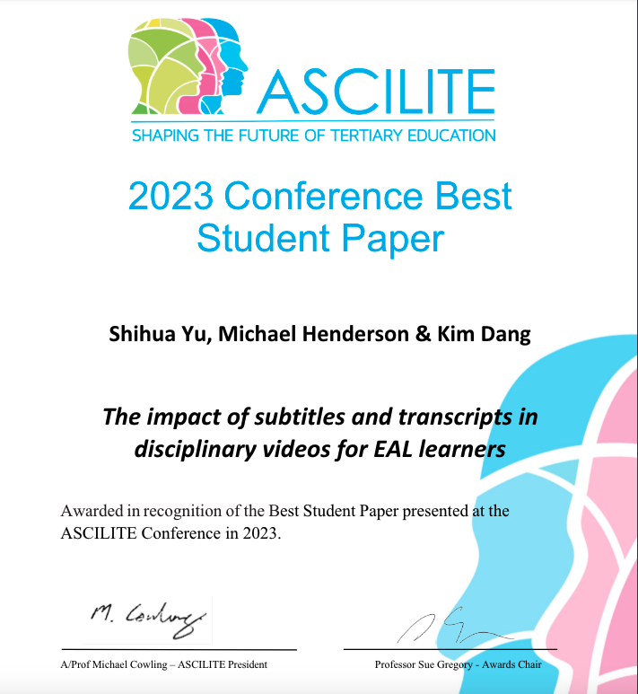 Congrats to our PhD candidate <a href="/AliceY0000/">Alice Shihua Yu</a> for the best student paper <a href="/ascilite/">ASCILITE</a> conference 2023! Very interesting paper on the use of recorded videos in mathematics learning for #EAL students in #HigherEducation  Free copy👇: publications.ascilite.org/index.php/APUB… <a href="/mjhenderson/">Michael Henderson</a> <a href="/MonashEducation/">Monash Education</a>