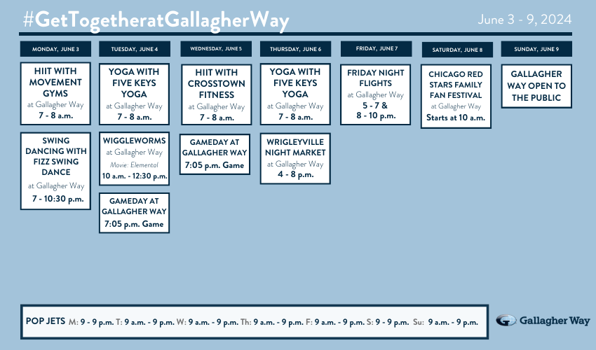 GallagherWayChi's tweet photo. What's your favorite reason to #GetTogetheratGallagherWay?

This week at #GallagherWayChi we'll be cheering on the @cubs and @chicagoredstars, tasting craft beer, shopping, dancing &amp; enjoying live music! Learn more about this week's activities here: https://t.co/gwQaUlvx3S https://t.co/wnkRpu94bW