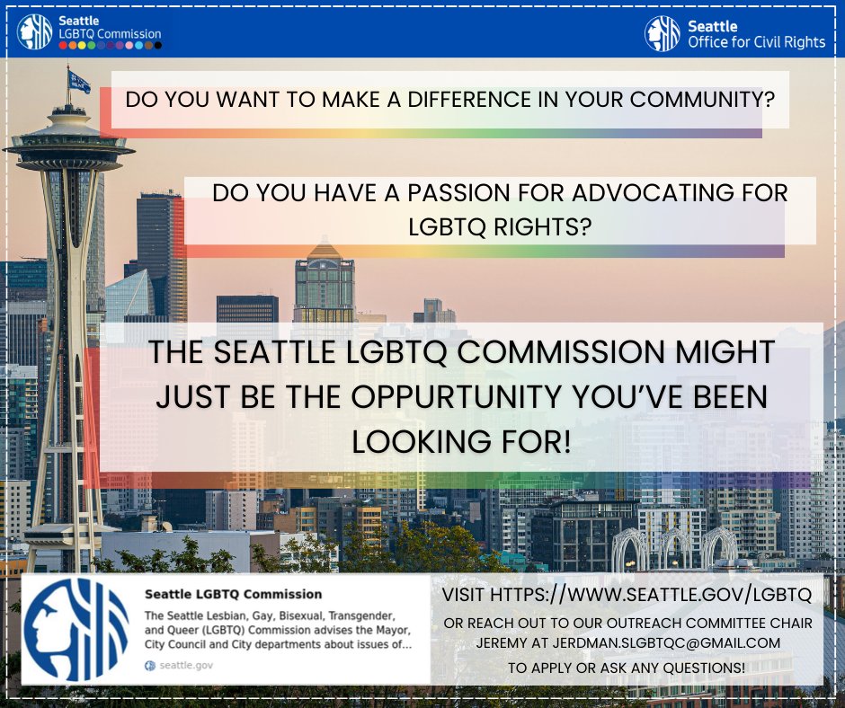 🏳️‍🌈✨ We're looking for passionate individuals to join the Seattle LGBTQ Commission! Help make a positive impact in our community by advocating for LGBTQ rights and inclusion. Apply today and be a part of the change: [Link to Application]. Let's thrive together! 🌈 #Pride2024
