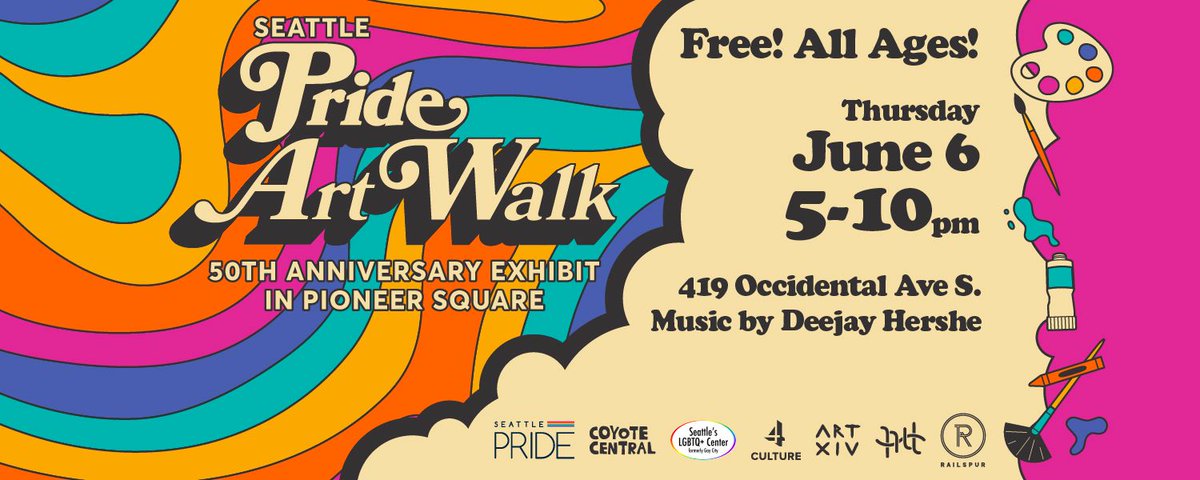 🌈𝑺𝒆𝒂𝒕𝒕𝒍𝒆 𝑬𝒗𝒆𝒏𝒕 𝑺𝒑𝒐𝒕𝒍𝒊𝒈𝒉𝒕🌈 Join Seattle Pride at the Pioneer Square Art Walk at RailSpur! The 50th Anniversary Art Exhibit, curated by pride youth interns.

📅 June 6th, 2024 

🕔 5pm - 10pm 

📍 RailSpur Building
 
RSVP: eventbrite.com