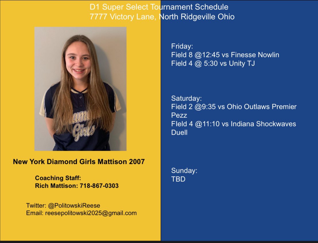 Reese Politowski (@politowskireese) on Twitter photo We take the field for the first time together this season this weekend at the D1 Super Select. Can’t wait to get on the field with these girls! Come check us out ⬇️⬇️ <a href="/NYDG_07/">NY Diamond Girls 07</a> <a href="/jesserosenhahn/">Jesse Rosenhahn</a> <a href="/ExtraInningSB/">EXTRA INNING SOFTBALL</a> We take the field for the first time together this season this weekend at the D1 Super Select. Can’t wait to get on the field with these girls! Come check us out ⬇️⬇️ <a href="/NYDG_07/">NY Diamond Girls 07</a> <a href="/jesserosenhahn/">Jesse Rosenhahn</a> <a href="/ExtraInningSB/">EXTRA INNING SOFTBALL</a>