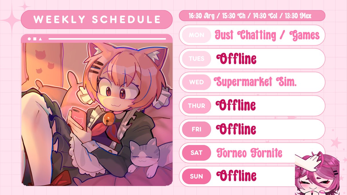 🌟HORARIOS SEMANALES YEIIII🌟

Nos vemos mañanita en Twitch<3  #Vtuber #VtuberES #StreamSchedule