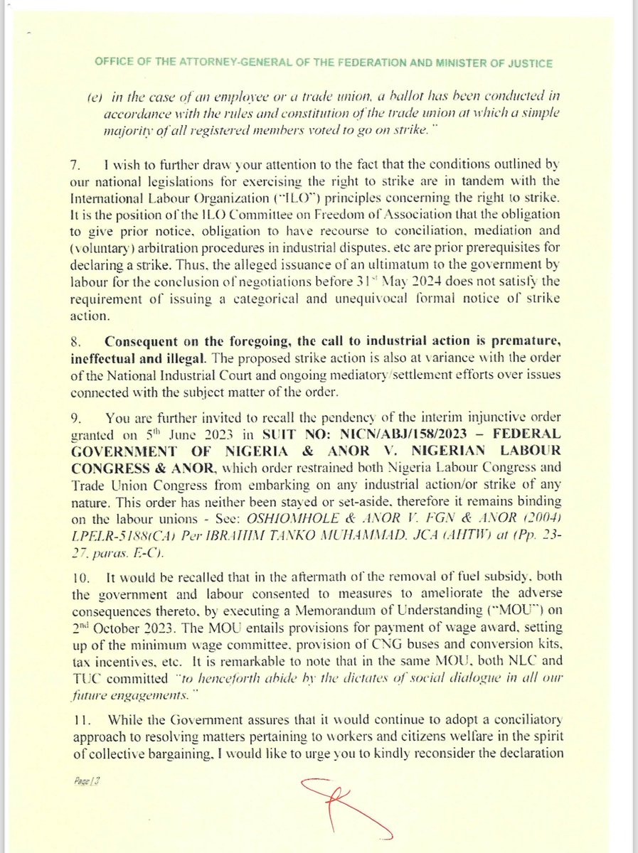 aonanuga1956's tweet photo. TUC, NLC strike action illegal:

“The call to industrial action is premature, ineffectual and illegal. The proposed strike action is  also at variance with the order of the National Industrial Court and ongoing mediatory/settlement efforts over issues connected with the subject matter of the order.”__ Attorney General of the Federation and Justice Minister Lateef Fagbemi in a letter to the unions