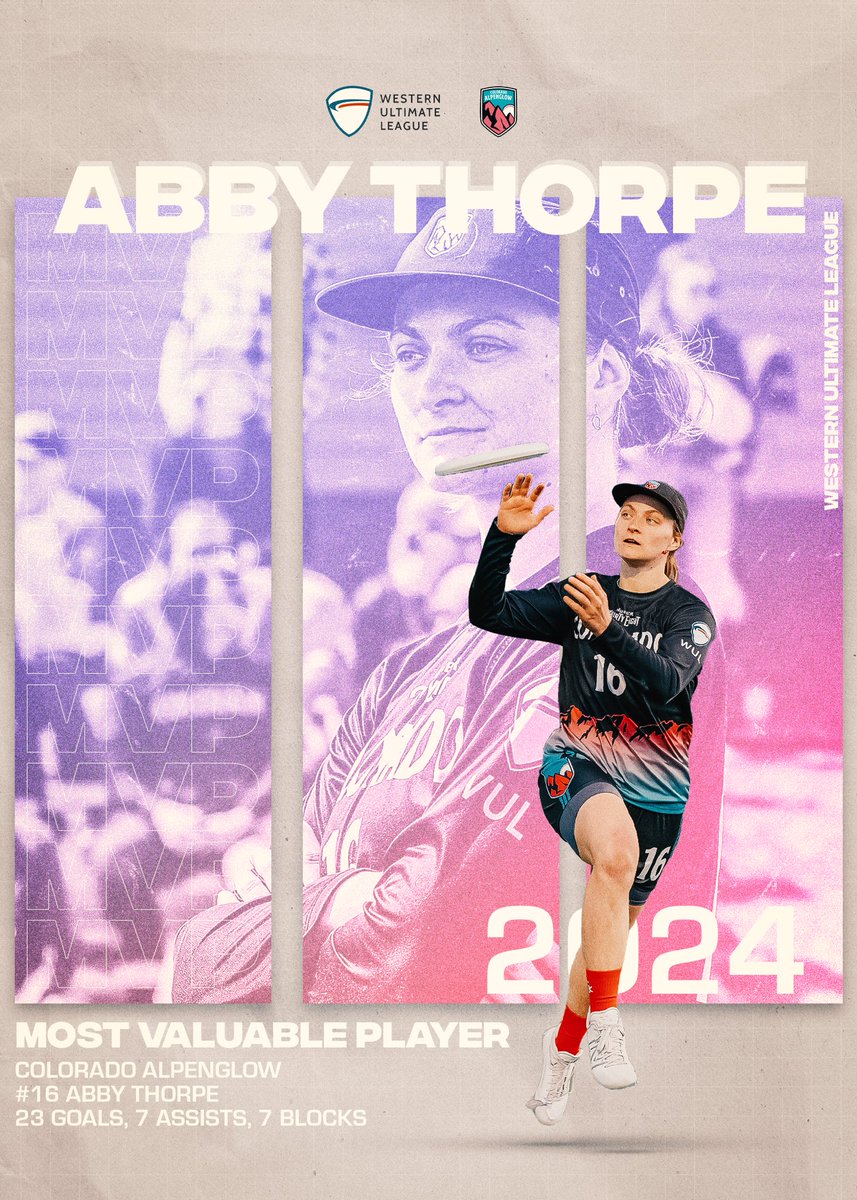 🏅 MOST VALUABLE PLAYER | ABBY THORPE | COLORADO ALPENGLOW 🏅

Abby Thorpe lead the league in goals with 23 goals — 10 more than any other player. Thorpe’s 23 goals not only led the league by 10, they were the second most in a single season. On her team, she was 5th in assists…