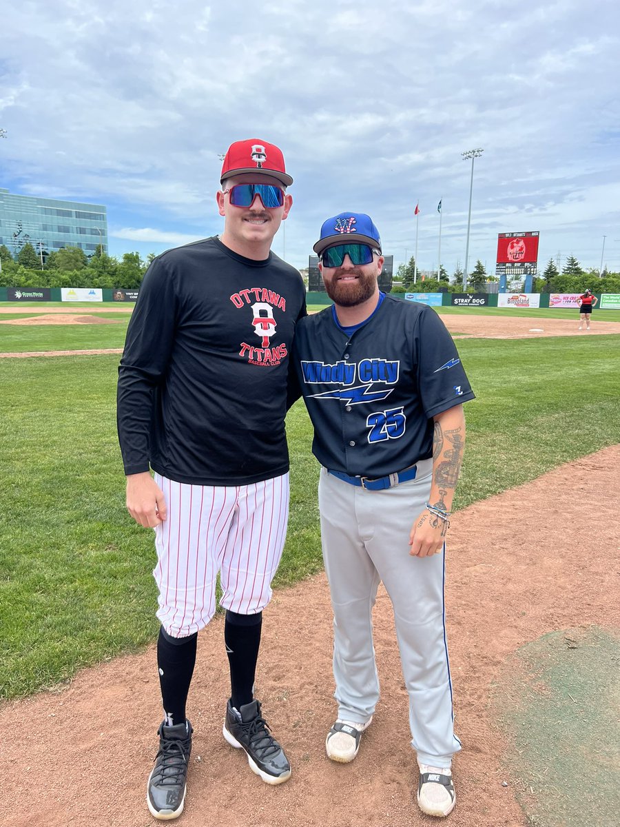 Saints Assistant Coach <a href="/averagejonesIII/">Alex Jones</a> and former Saints RHP <a href="/asapbrooks22/">Brooks Walton</a> hooking up against each other in pro baseball in the Frontier League. Word has it Brooksy pitched 4 good innings yesterday (1 ER) and got the Win. Nice going Brooks. Saints are everywhere!  <a href="/santafesaints/">Santa Fe Saints</a>