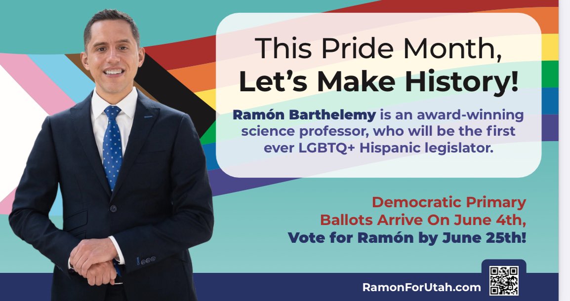RamonForUtah's tweet photo. I was motivated to run for office because I believe diverse voices and professional experience are necessary to make progress in this state. 

This pride month, let’s make history—together! ❤️🧡💛💚💙💜 https://t.co/BEJhJqdCPS