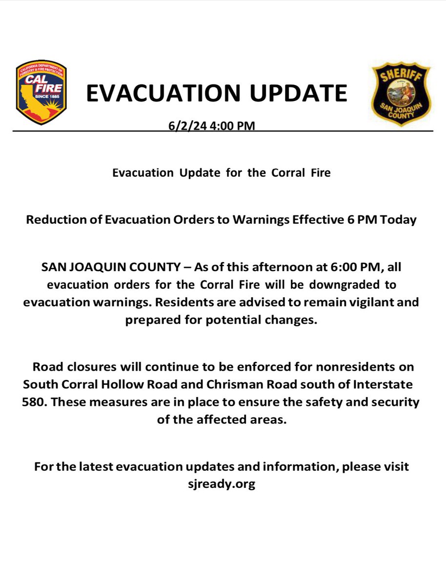 CAL FIRE SCU (@calfirescu) on Twitter photo #CorralFire Evacuation Update effective tonight, 6/2/24, at 6PM.
For the latest evacuation information go to sjready.org.
<a href="/SJC_OES/">San Joaquin County Office of Emergency Services</a> <a href="/AlamedaCoFire/">Alameda County Fire</a> #CorralFire Evacuation Update effective tonight, 6/2/24, at 6PM.
For the latest evacuation information go to sjready.org.
<a href="/SJC_OES/">San Joaquin County Office of Emergency Services</a> <a href="/AlamedaCoFire/">Alameda County Fire</a>