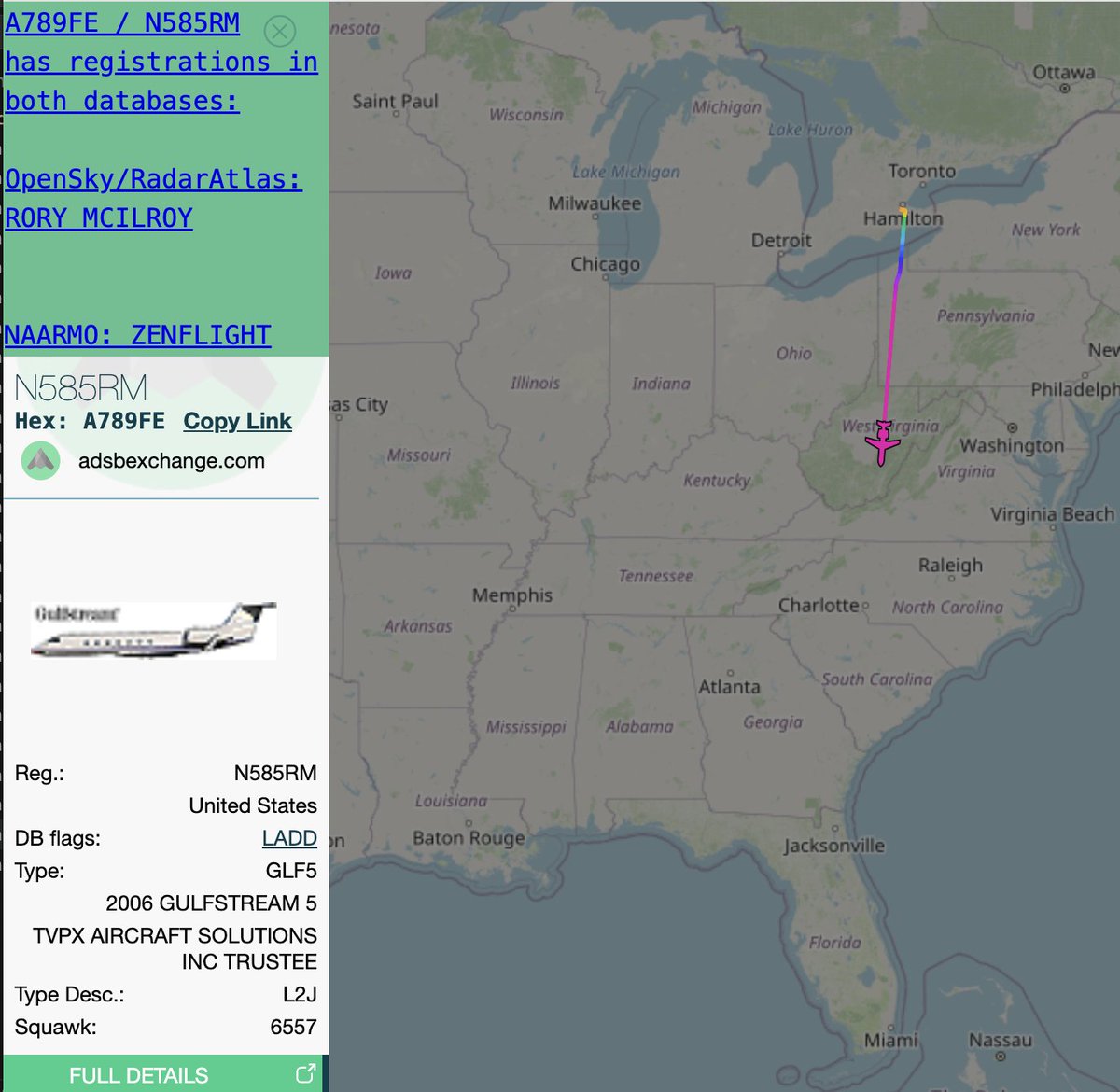Rory McIlroy's plane #N585RM is headed home to Florida out of Hamilton.