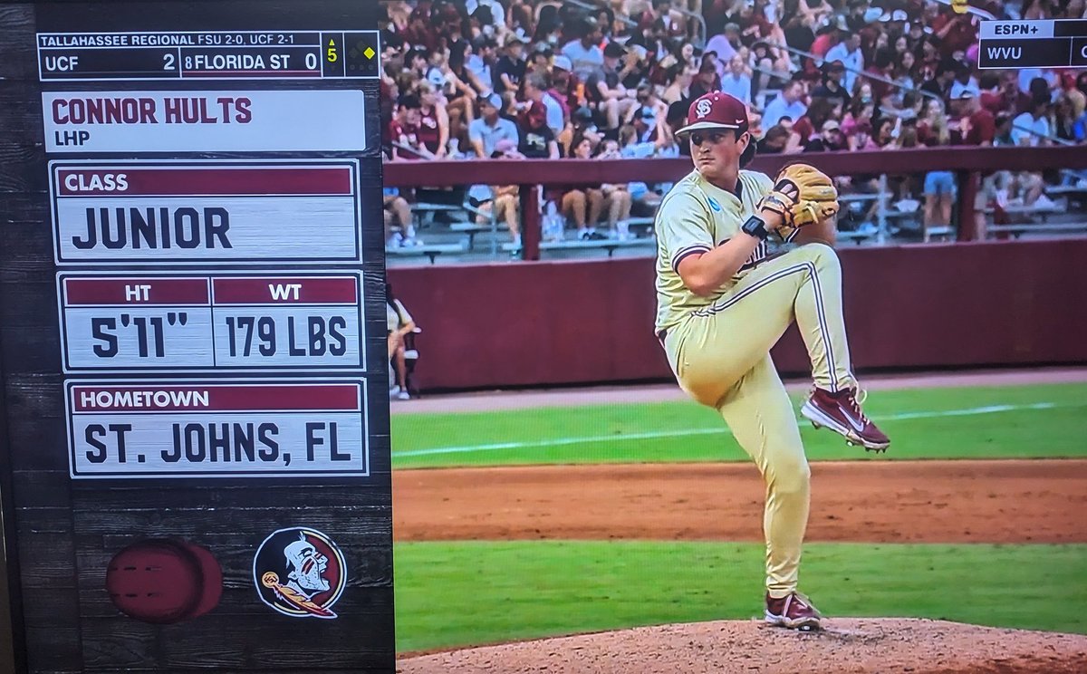 Former MANATEE Connor Hults called on by the Noles <a href="/FSUBaseball/">FSU Baseball</a> to work out of the 5th leaving runners stranded.  Off the chart spin at 3400 #spinrate #TEES