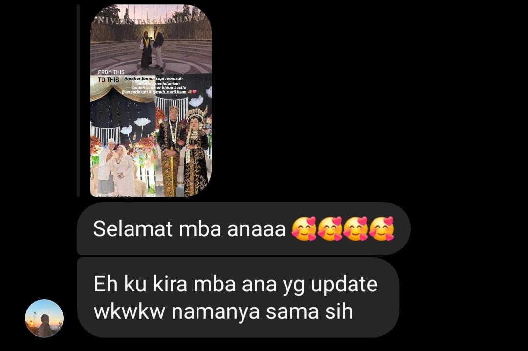 Annaaisyatun's tweet photo. Banyak dm masuk yg berisi ucapan selamat, salah satunya di bawah ini🤣 karena salfok nama kita samaan twiin @anariasari dikira rangorang aku yg nikah🤣 dahlah Aaminiin ajaa https://t.co/7qeXrx4NZF