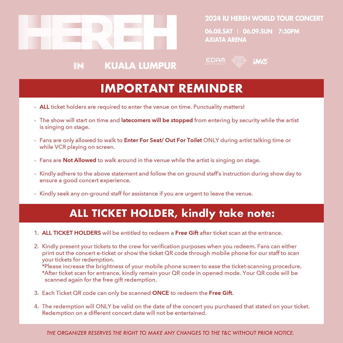 imemalaysia's tweet photo. Annyeong-haseyo UAENA!

We’re back with the CONCERT AGENDA. All fans please take note of the time listed in the announcement.

We encourage all fans to come early so that you won’t miss out any second with IU!

#IU #HEREH #HEREH_WORLD_TOUR_IN_KL
#iMeMalaysia https://t.co/syJumZxcfz