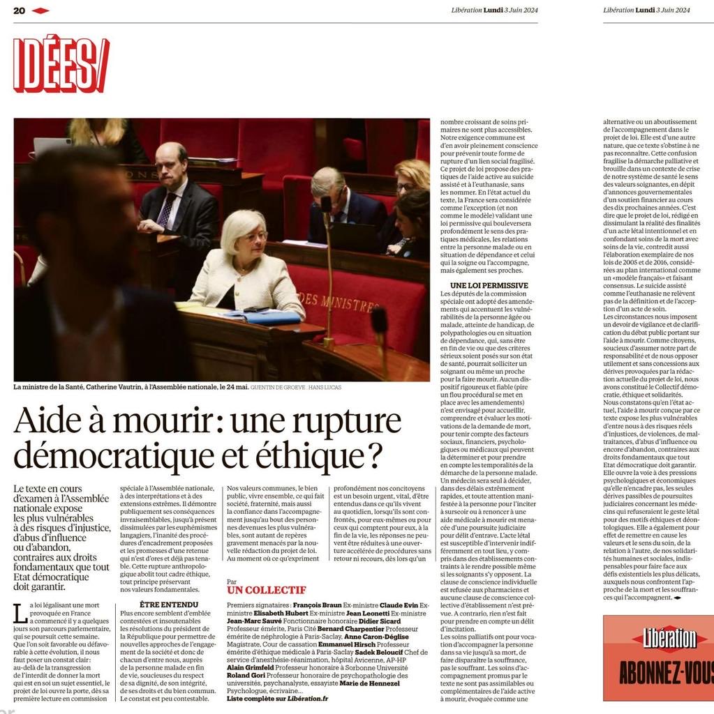L’interpellation vigoureuse de très hautes personnalités sur la rupture démocratique et éthique du projet de loi #FindeVie ne fera-t-elle pas réfléchir ⁦<a href="/CaVautrin/">Catherine Vautrin</a>⁩ et ⁦<a href="/EmmanuelMacron/">Emmanuel Macron</a>⁩ ? ⁦<a href="/libe/">Libération</a>⁩ ⁦<a href="/mdehennezel/">Marie de Hennezel</a>⁩ ⁦<a href="/HirschEmmanuel/">Emmanuel Hirsch</a>⁩ ⁦<a href="/FrcsBraun/">François Braun</a>⁩