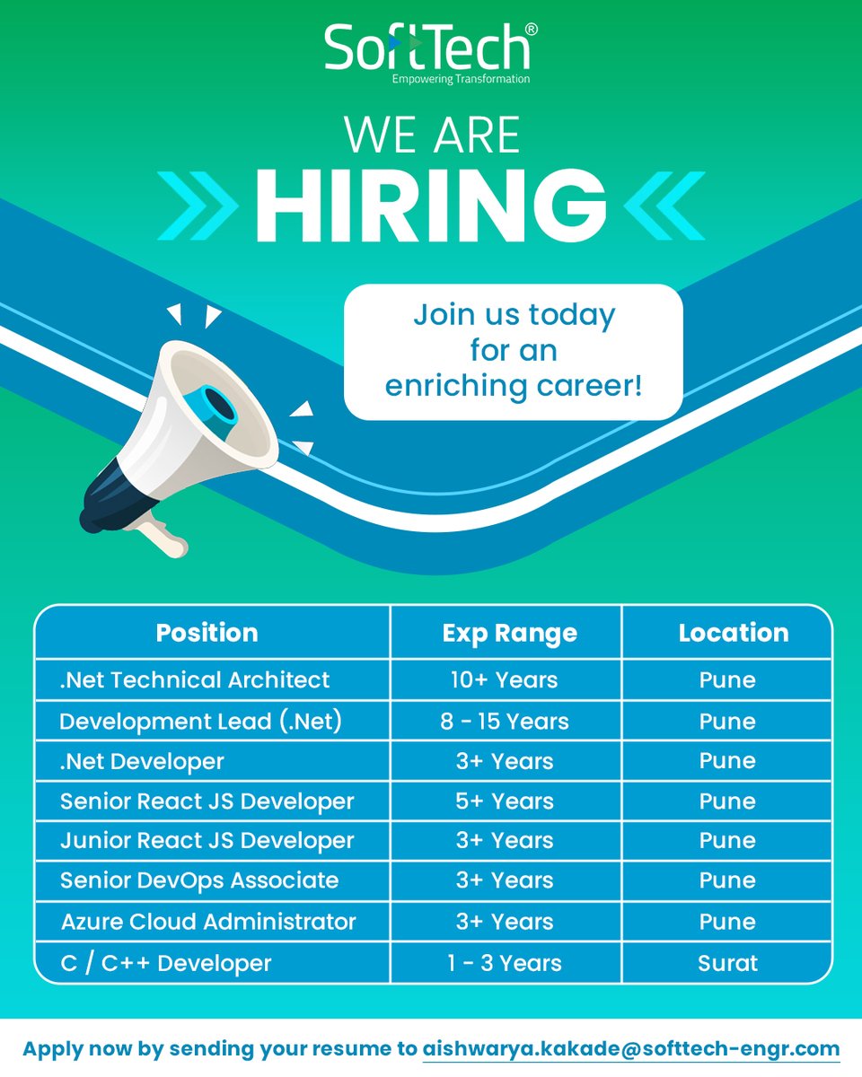 #WeAreHiring Ready to make an impact in the #AECindustry? Join our innovative company! Send your resume to aishwarya.kakade@softtech-engr.com. #HiringNow #CareerOpportunities #Jobs #JobOpportunity #Architecture #Engineering #Construction #AEC #ConstructionTech #SoftTech