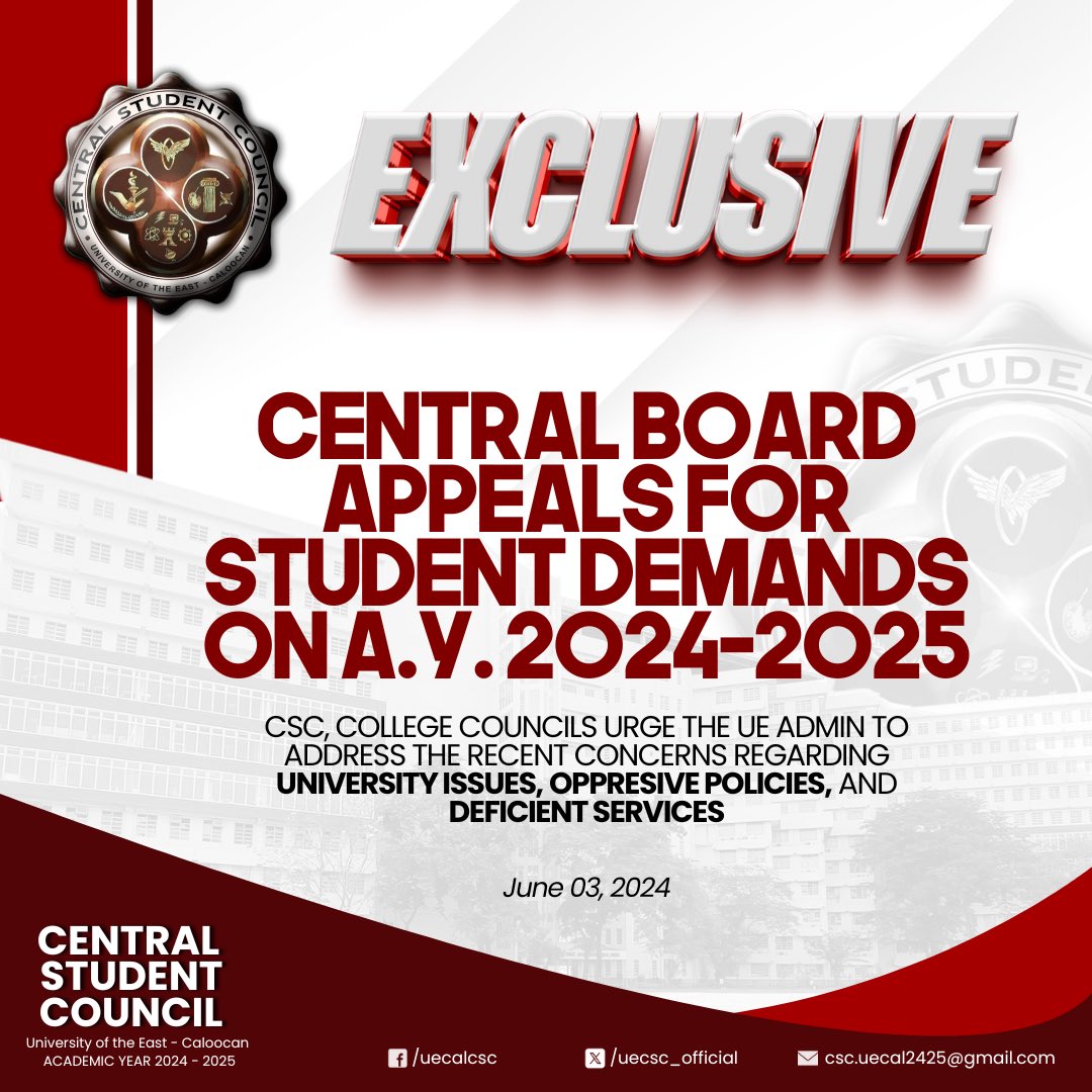UECSC_Official's tweet photo. 𝗖𝗘𝗡𝗧𝗥𝗔𝗟 𝗘𝗫𝗖𝗟𝗨𝗦𝗜𝗩𝗘 | CENTRAL BOARD APPEALS FOR STUDENT DEMANDS ON A.Y. 2024-2025

As UE continues to neglect the demands of the students, the newly inducted CSC and College Councils address the recent concerns regarding various issues.

#CSC2425 https://t.co/9r1KCynT5y
