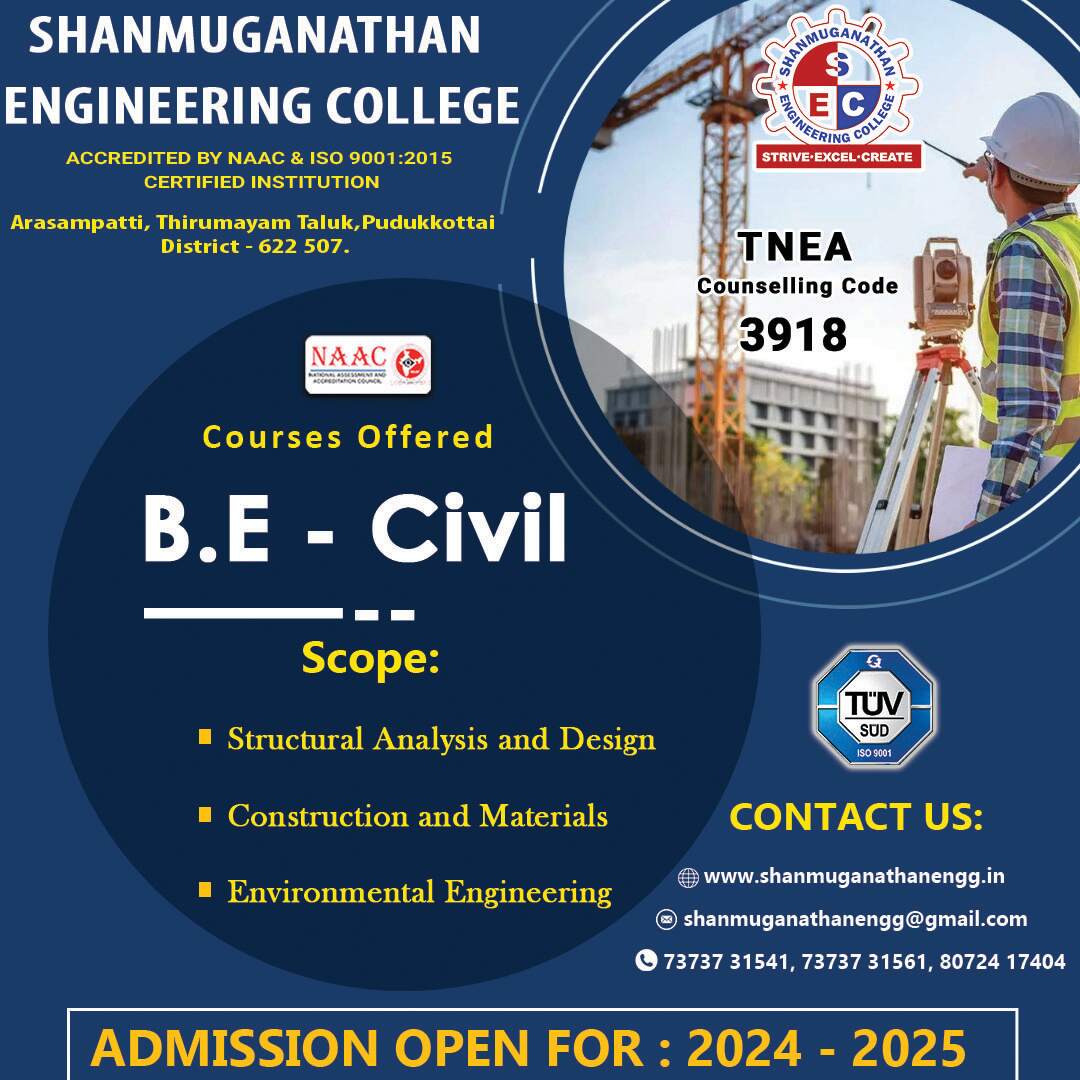 Admission Open 2024-2025

𝑩.𝑬 - 𝑪𝒊𝒗𝒊𝒍 𝑬𝒏𝒈𝒊𝒏𝒆𝒆𝒓𝒊𝒏𝒈

Scope of Civil:

- Structural Analysis and Design
- Construction and Materials
- Environmental Engineering  

#admissionopen2024 #coursesoffered #TNEA #counselling #BE #nocapitationfee #scope #SEC #Pudukottai