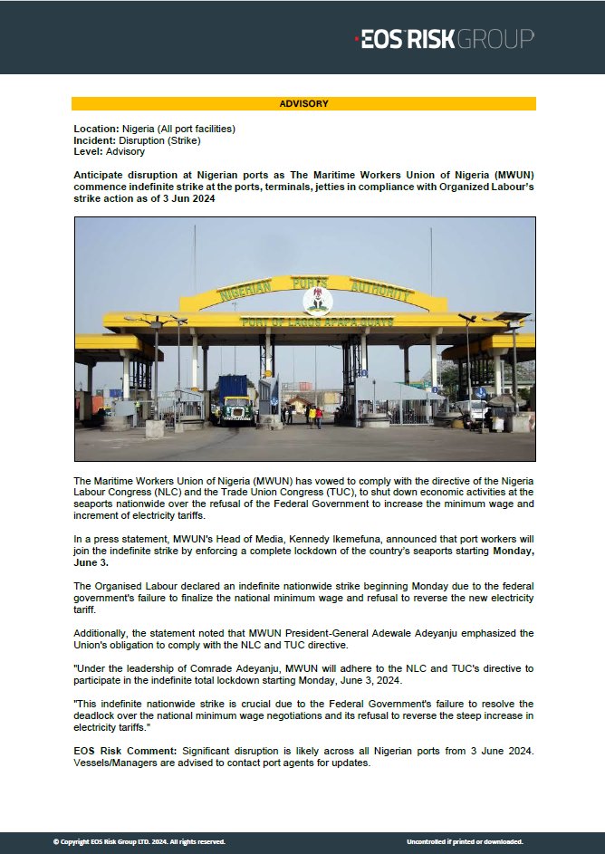 ⚠ 🚨 Anticipate disruption at hashtag#Nigerian ports as The Maritime Workers Union of Nigeria (MWUN) commence indefinite strike at the ports, terminals, jetties in compliance with Organized Labour’s strike action as of 3 Jun 2024 ⚠ 🚨