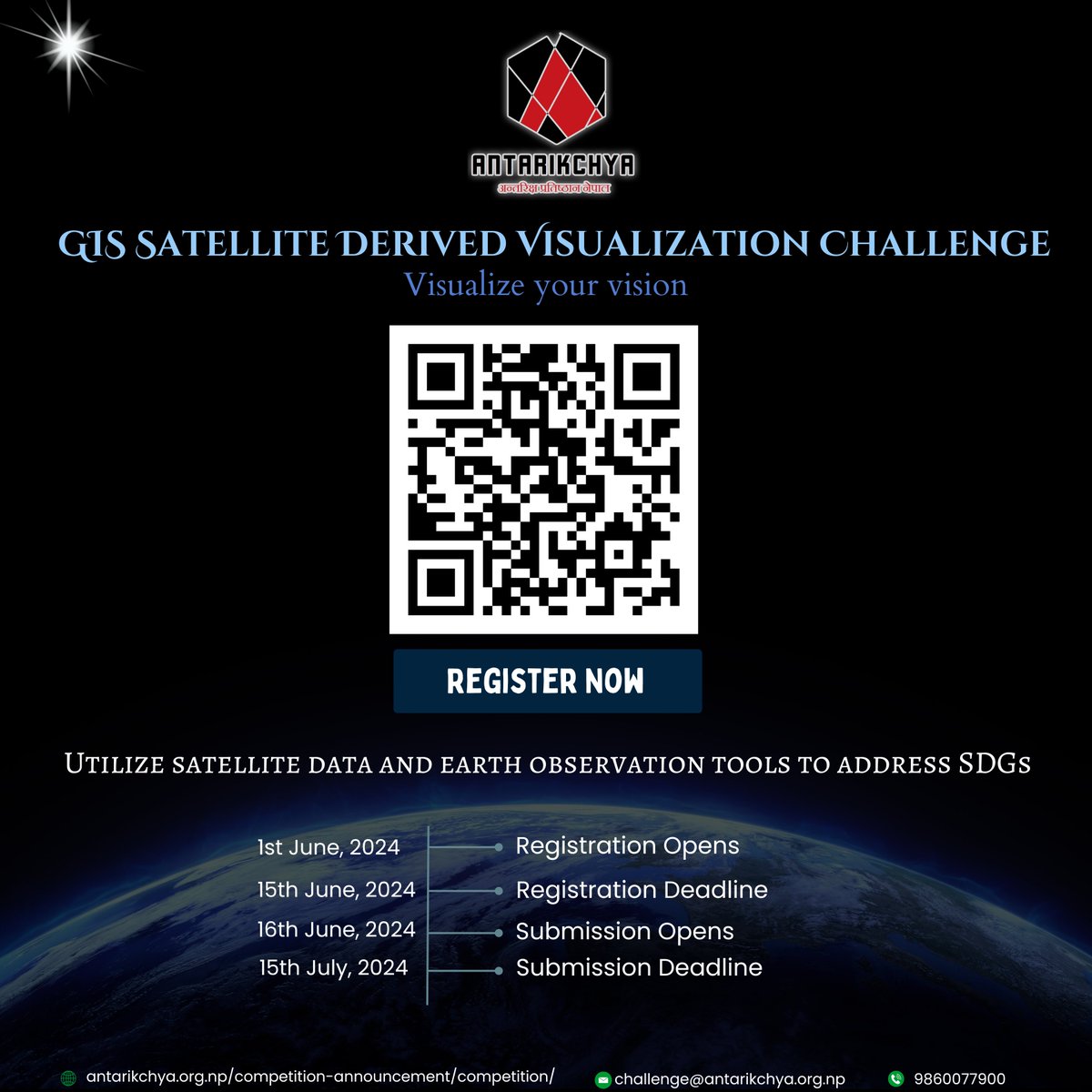 antarikchya's tweet photo. CALL FOR SUBMISSIONS: GIS Satellite Derived Visualization Challenge!

More details can be found at:  https://t.co/OcJzVCYczn.  For any queries, contact us at challenge@antarikchya.org.np or call us at 9860077900.

#GIS #visualization #challenge #nepal https://t.co/Arenx27Zy0