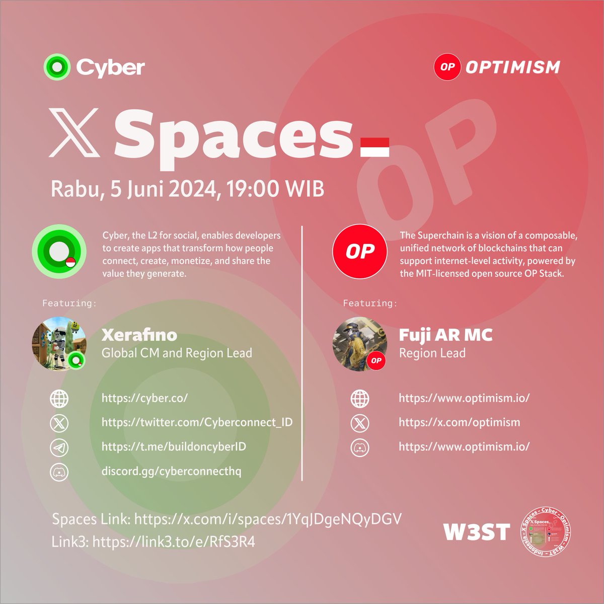 Cyberconnect_ID's tweet photo. X Spaces Indonesia - Cyber x Optimism🇮🇩

Ayo join X Spaces dan ketahui update Layer 2 terbaru tentang @Cyberconnect_ID dan @Optimism_IND🔥

➡️Rabu, 5 Juni 2024, 19:00 WIB
➡️X Spaces link: https://t.co/eQZnA8QtuB
🧧Raffle $20 (4 winners @ $5) via Link3: https://t.co/VGRWgF9ym2 https://t.co/np1omVB066